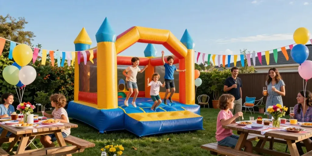 Children enjoying a bounce house for sale at a vibrant birthday party.