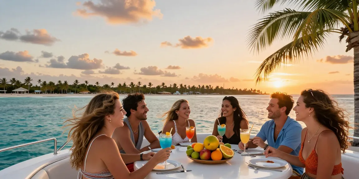 Boat rental Punta Cana scene with friends enjoying drinks on luxury yacht during sunset, showcasing vibrant atmosphere.