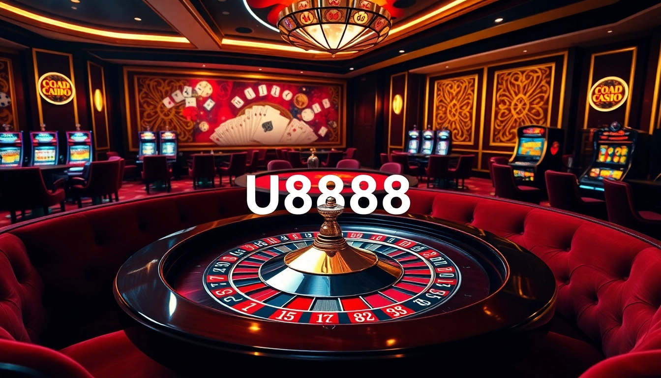 Experience the excitement of U8888 casino gaming with cards, chips, and roulette tables in a vibrant atmosphere.