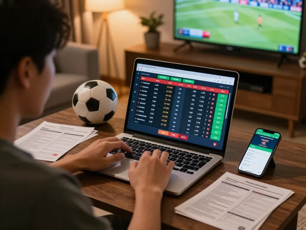 Orang yang menganalisis statistik untuk taruhan Judi Bola di laptop dalam suasana rumah yang nyaman, menunjukkan permainan yang strategis.