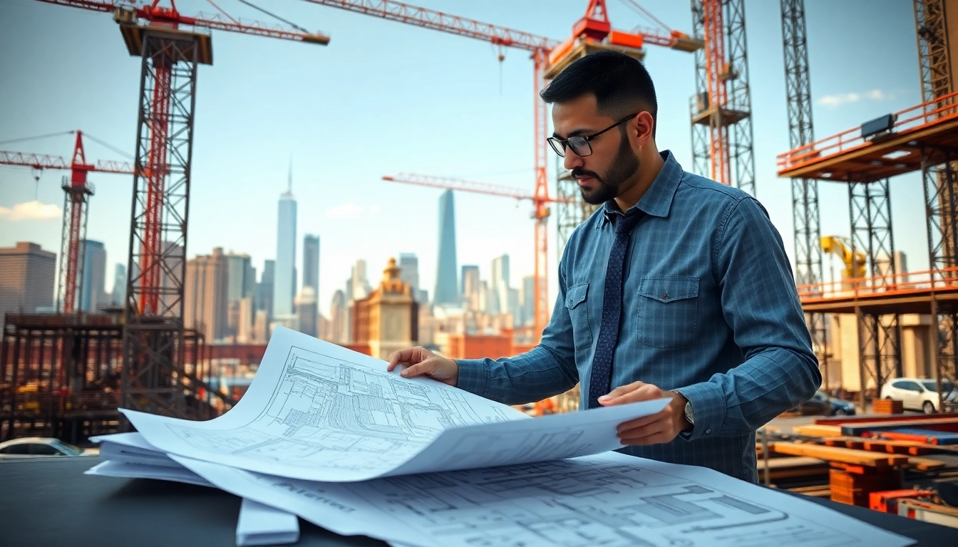 Manhattan Construction Manager evaluating construction plans at a bustling site.