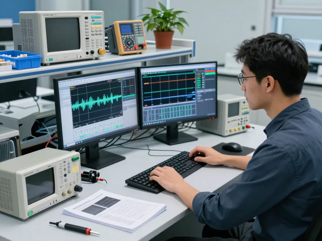 Engineer analyzing waveform data comparing oscilloscope vs multimeter in modern lab setup.