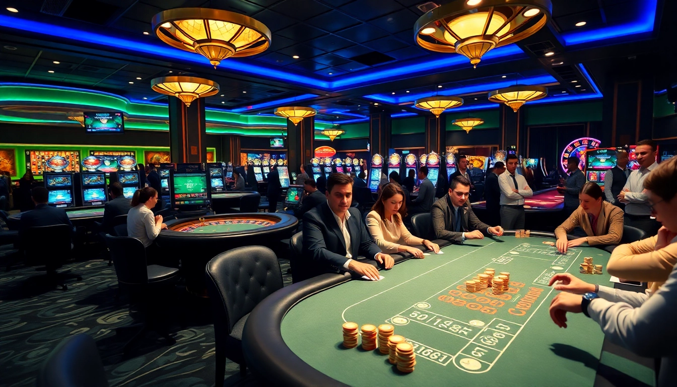 Exciting gambling scene featuring f168 tools, poker chips, and a vibrant casino atmosphere.