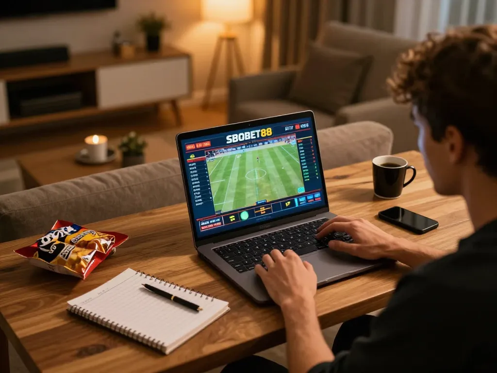 SBOBET88 suasana taruhan olahraga dengan pemain terlibat secara online selama pertandingan, suasana dinamis.