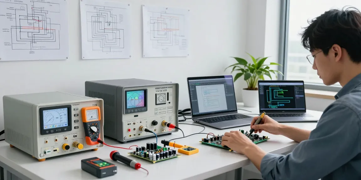 Bench power supply for PCB testing in a modern engineer's workspace, high-precision tools, and electronic components.
