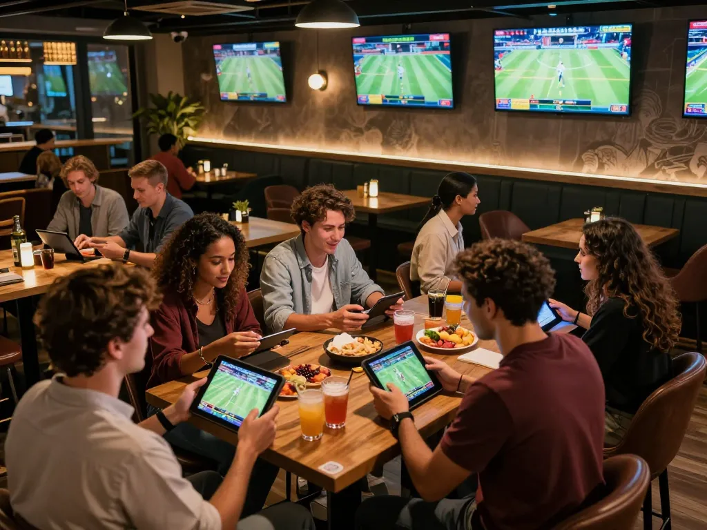 Suasana taruhan olahraga SBOBET, teman-teman terlibat dengan smartphone dan tablet di bar olahraga yang meriah