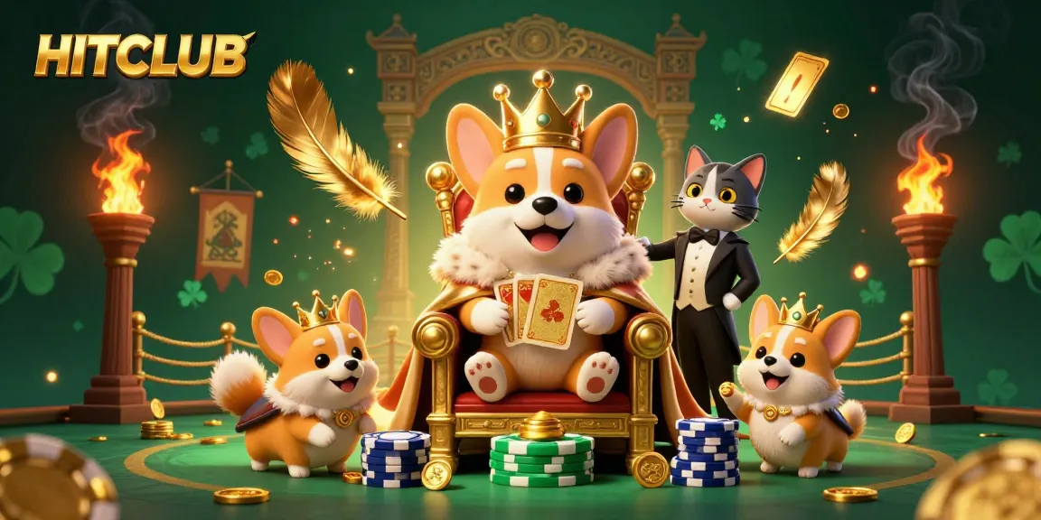 Join the excitement at HITCLUB with a vibrant 3D scene showcasing royal corgis and gaming elements!