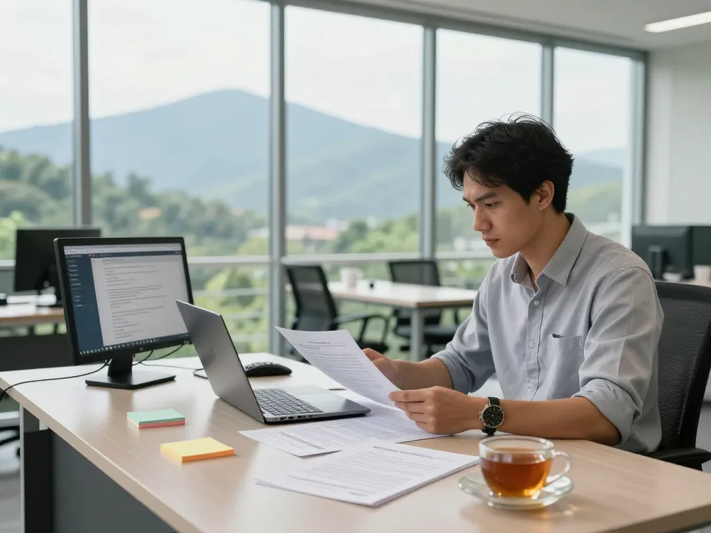 Translation services in Chiang Mai with a professional translator working in a modern office.