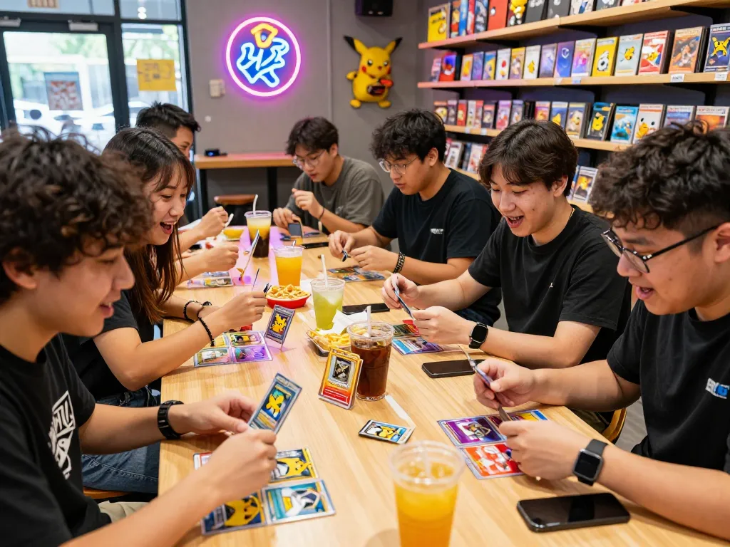 Friends trading Pokémon cards in a vibrant gaming café with exciting atmosphere showcasing the Pokemon card db.