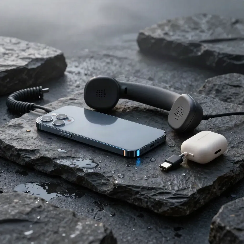 Talk Free device cluster on rain-dark stone, cool rim light, water bead, subtle blue glint