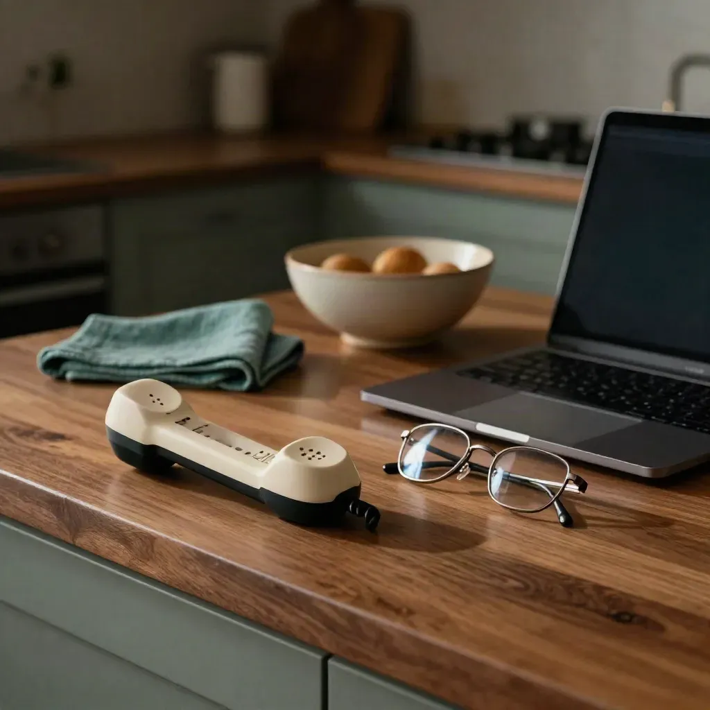 Cordless handset, closed laptop, glasses, and fruit bowl on a walnut counter in warm evening light.