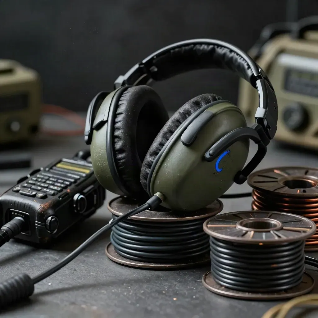Macro still life of headsets, a two-way radio, and cable spools on a dark workbench.