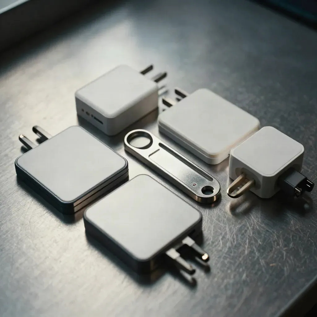 Phone cradles, a SIM tray tool, and aligned chargers on a brushed steel IT bench, top-down.