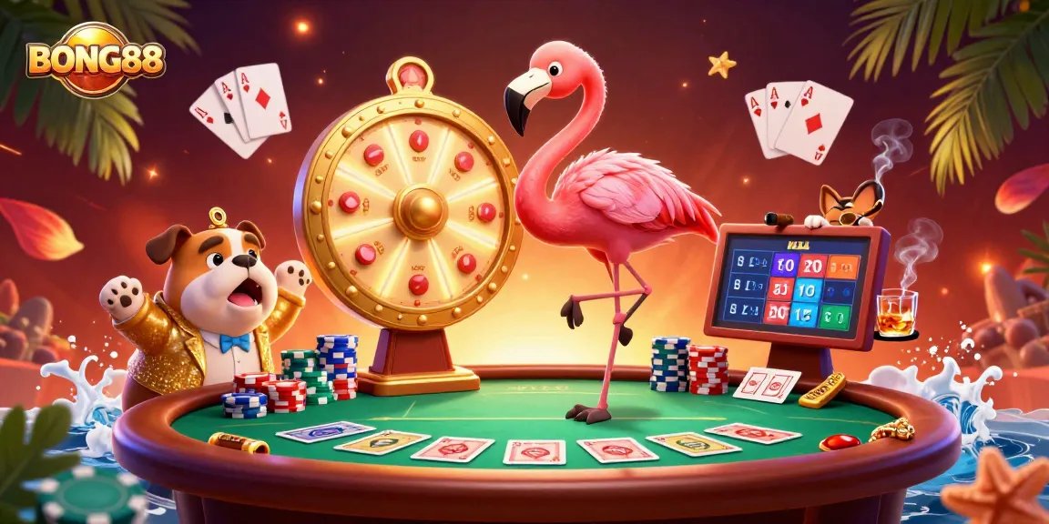 BONG88 brings excitement with a colorful casino scene featuring a game show host and bold gambling elements.