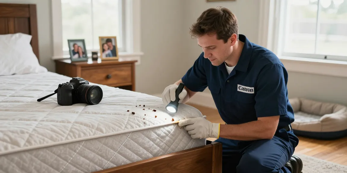 Bed bug treatment in Milwaukee, exterminator inspecting bedroom for bed bugs.