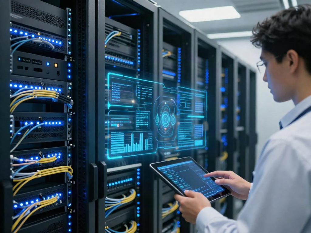 "System configuration review in a modern data center with servers and cybersecurity metrics."