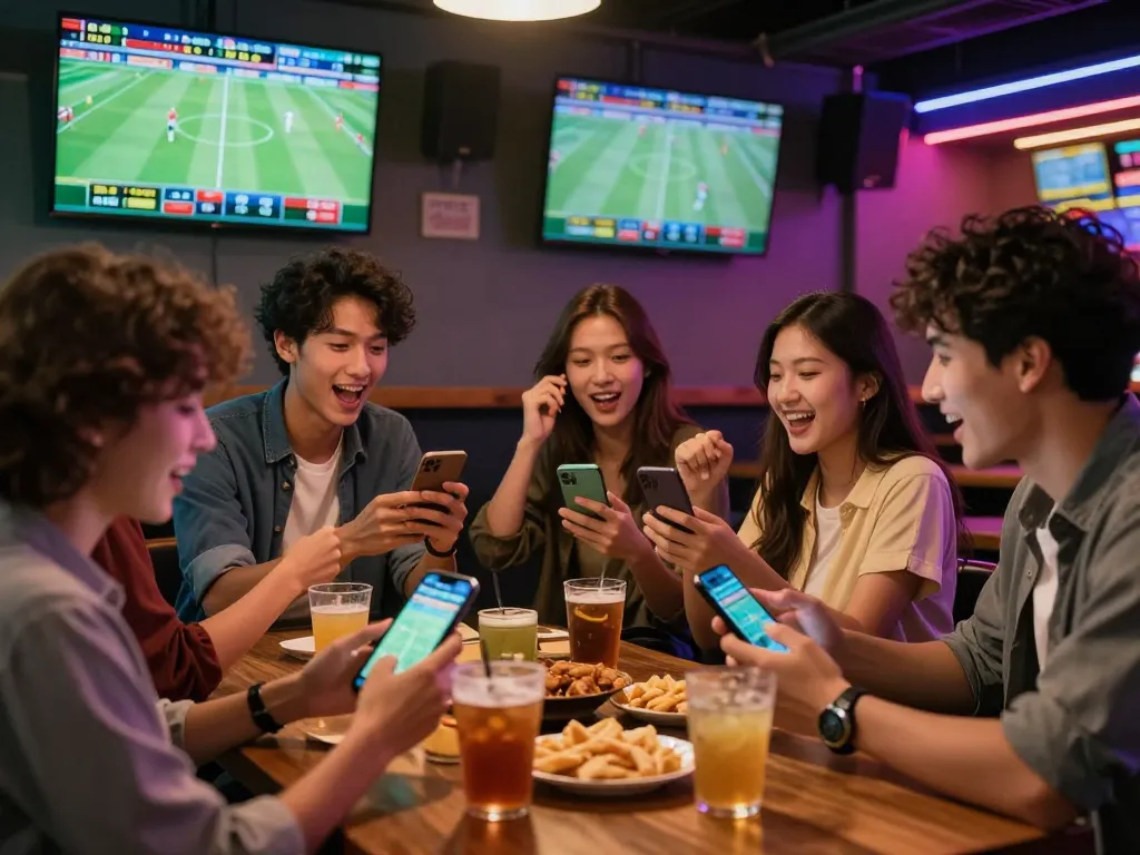 Situs Judi Bola aksi taruhan bersama teman di bar olahraga, menonton pertandingan dan memasang taruhan di smartphone.
