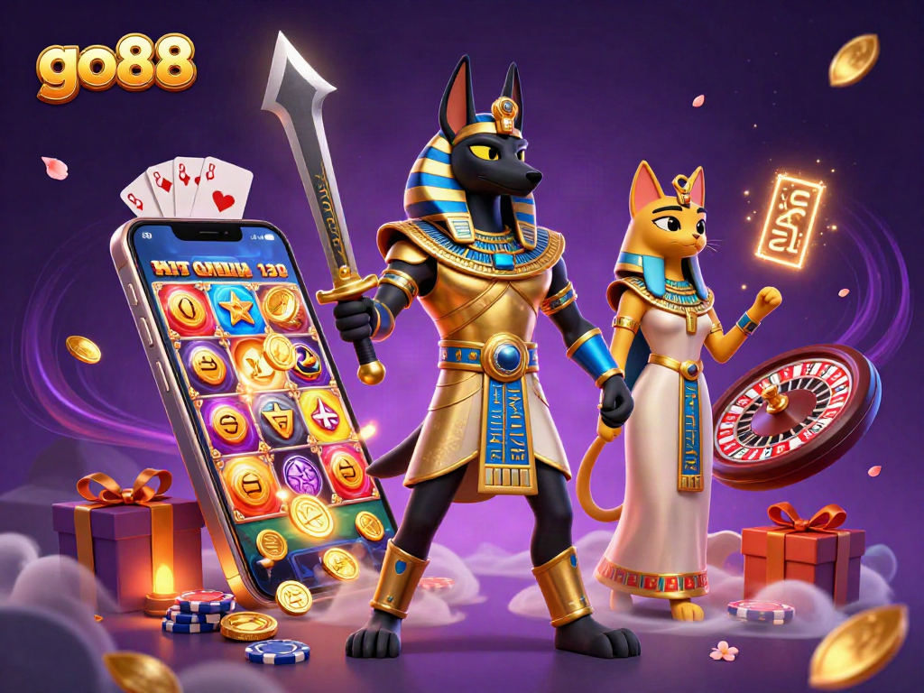 Win big with go88 as Anubis and Bastet celebrate dynamic casino action surrounded by games.
