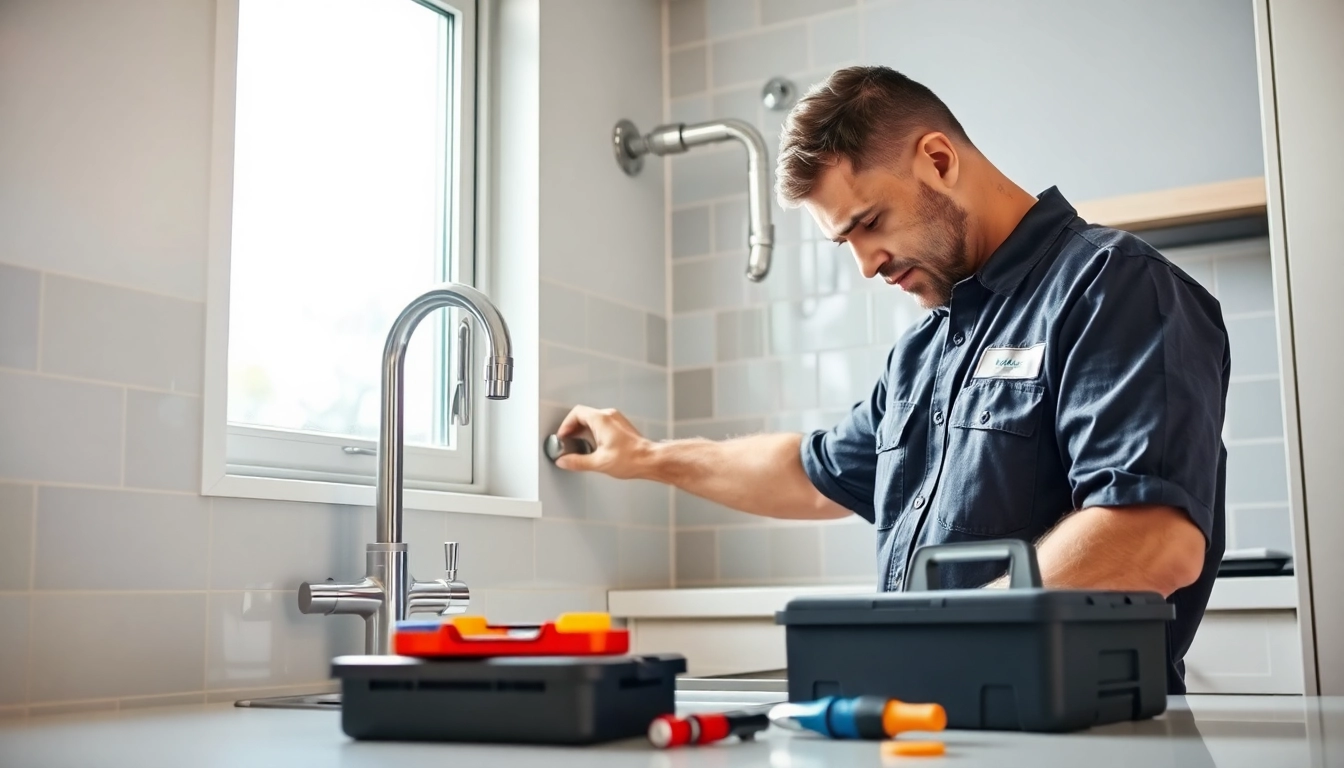 Hire a reliable plumber near me fixing a leak in a modern kitchen.