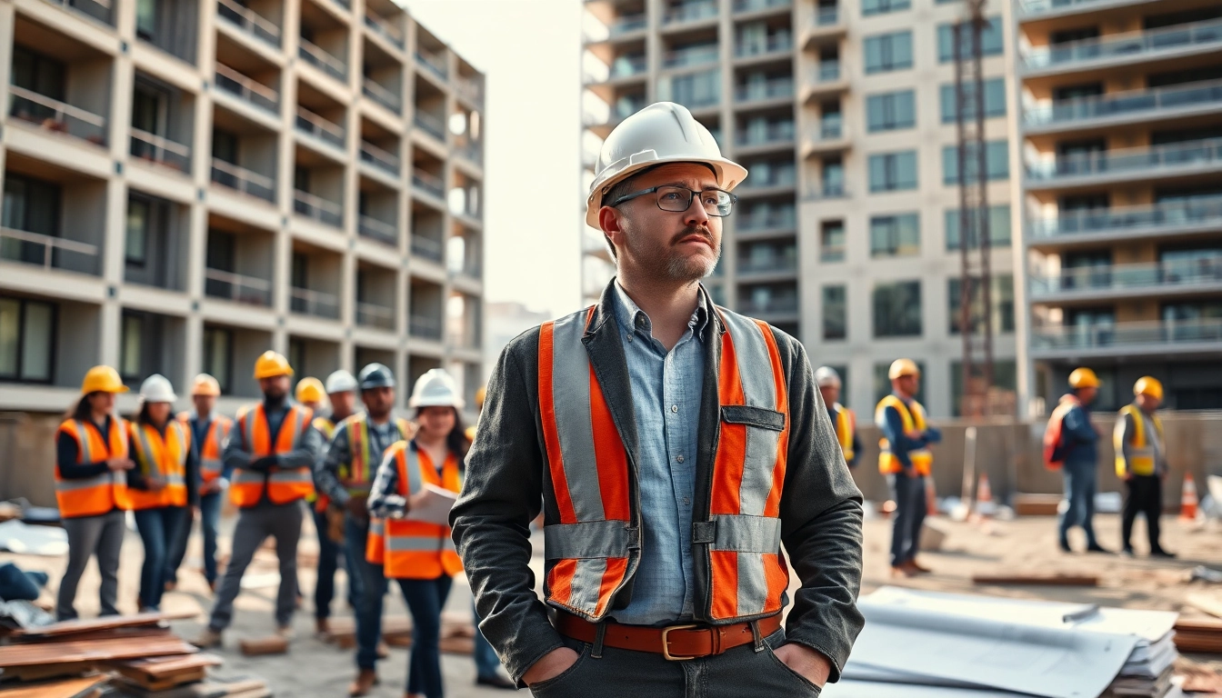 Manhattan General Contractor overseeing a construction site with skilled workers and blueprints.