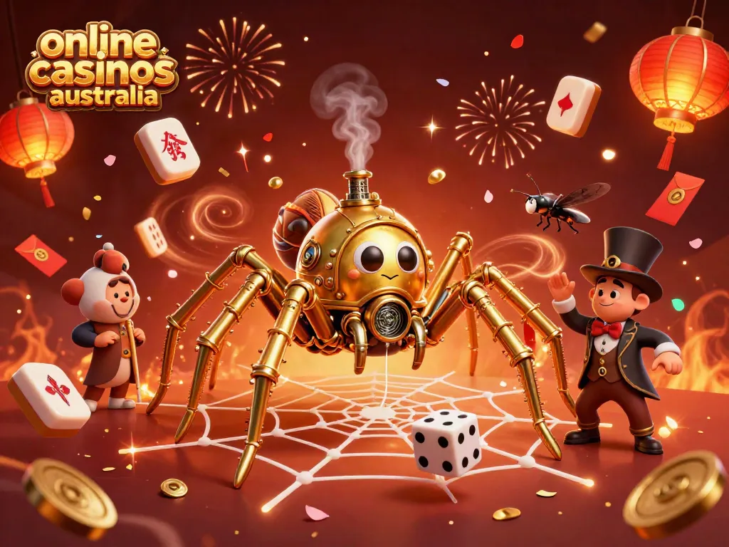 Engaging scene showcasing playful elements of online casinos australia with a steampunk spider and a fly gentleman.