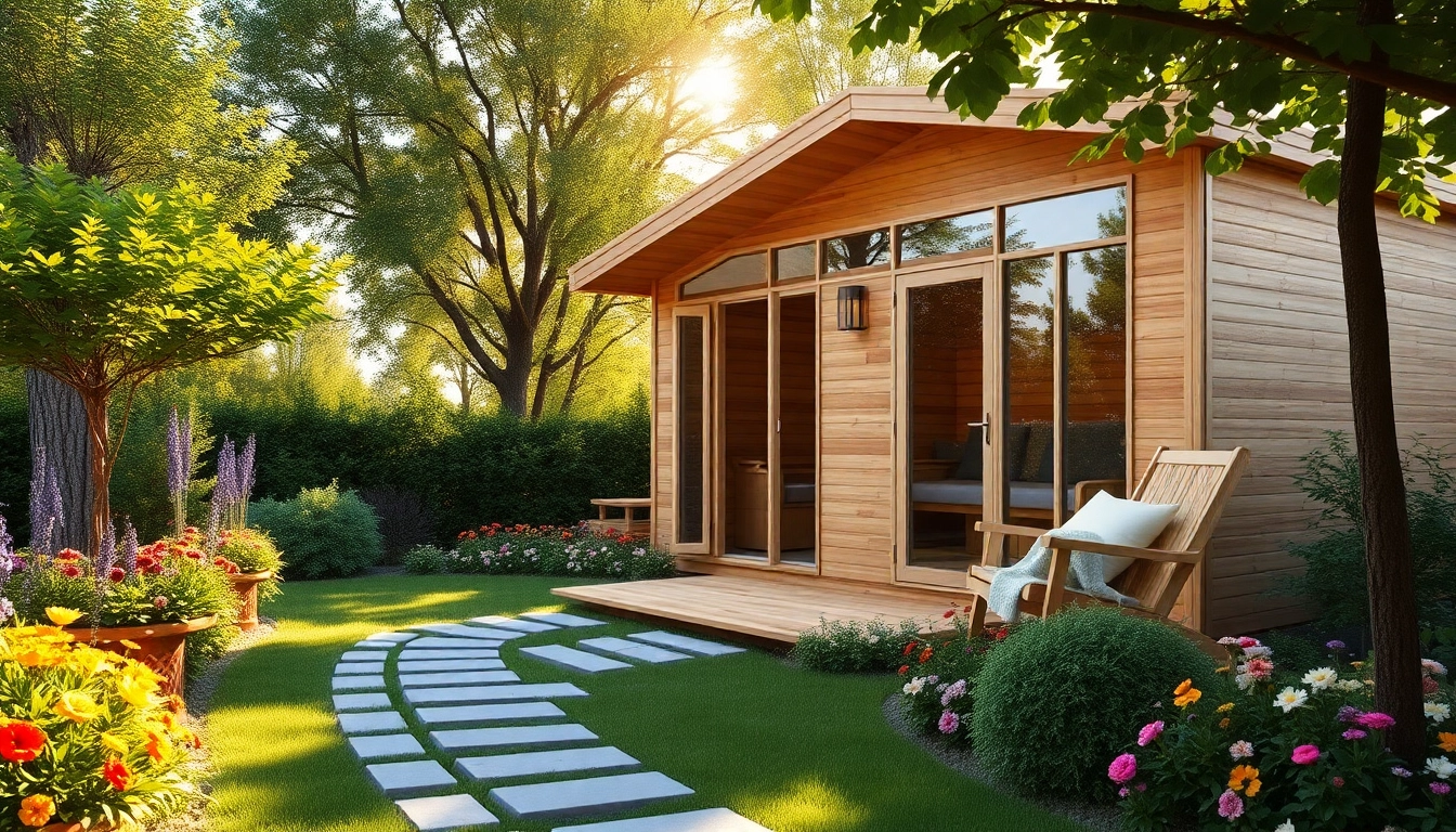 Outdoor sauna for sale in a tranquil garden setting, showcasing wellness and relaxation.