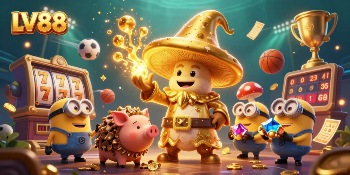 Experience thrilling gaming at LV88 with a magical golden mushroom wizard, treasure elements, and dynamic sports balls.