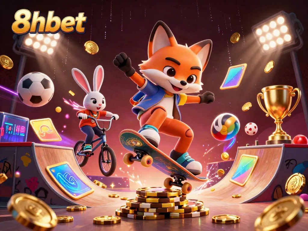 Experience thrilling victories at 8xbet with an energetic 3D digital casino scene featuring dynamic characters and vibrant gaming elements.