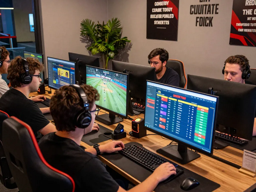 Players engaged in online betting excitement at SBOBET88 platform in vibrant gaming lounge.