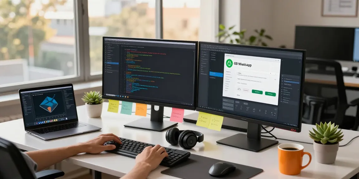 Developer coding GB WhatsApp features on dual monitors in a modern workspace