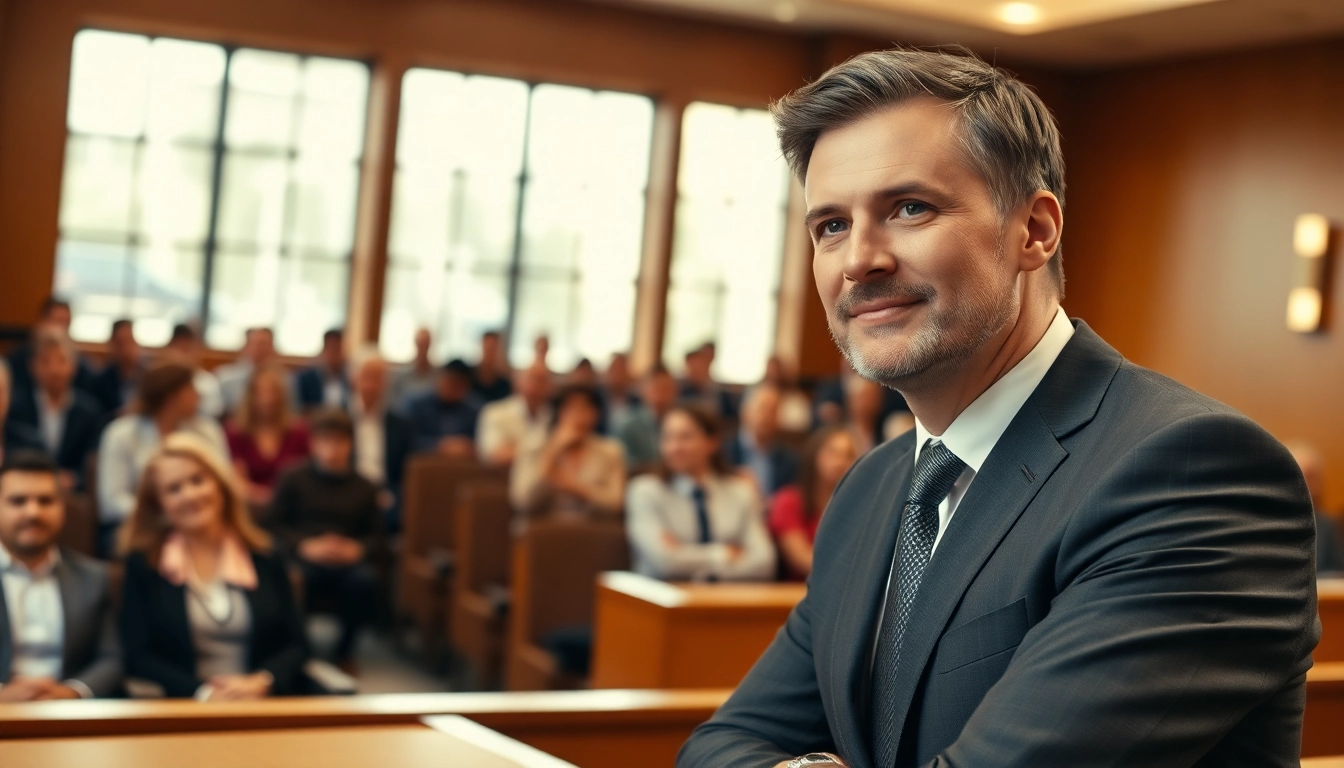 Clearwater truck accident lawyer confidently representing clients in a courtroom setting.