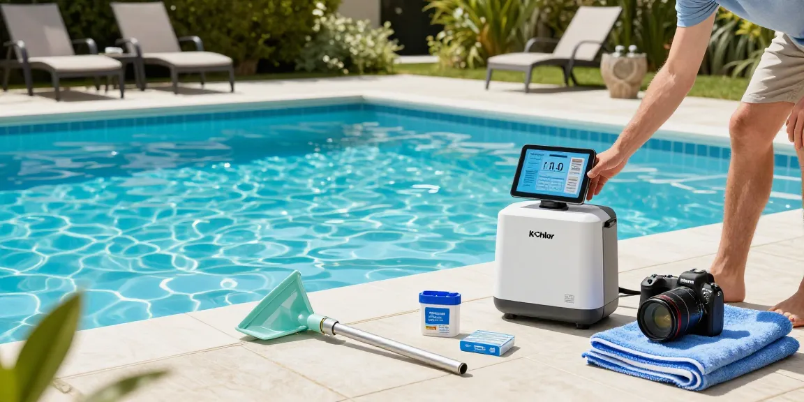 Inspecting the best salt water chlorinator in a sunny backyard pool setting.