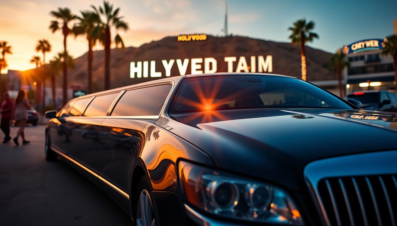 Hollywood Town Car and Limousine showcasing luxury vehicles against the iconic LA skyline.