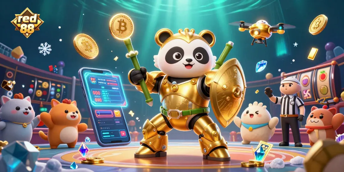 Experience the excitement of red 88 with a vibrant 3D casino battle scene full of digital elements.