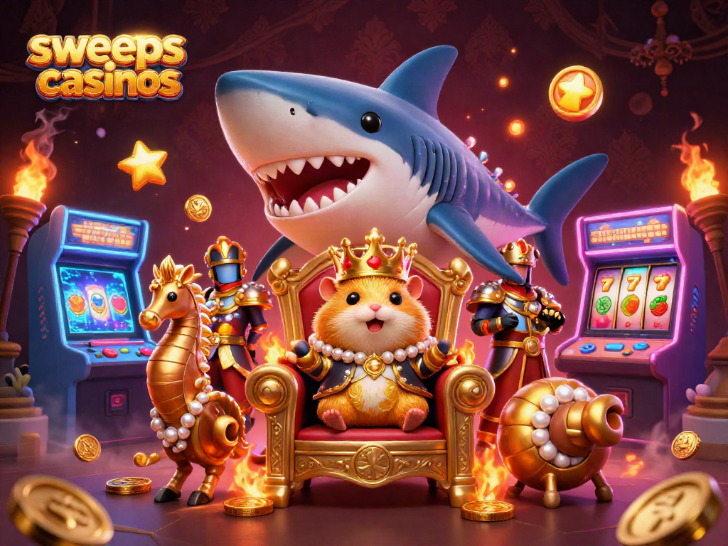 Engage in sweeps casinos with a vibrant scene featuring a hamster king and arcade elements.