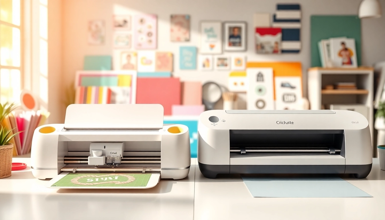 Comparison of silhouette vs cricut machines in a colorful crafting studio with various materials.