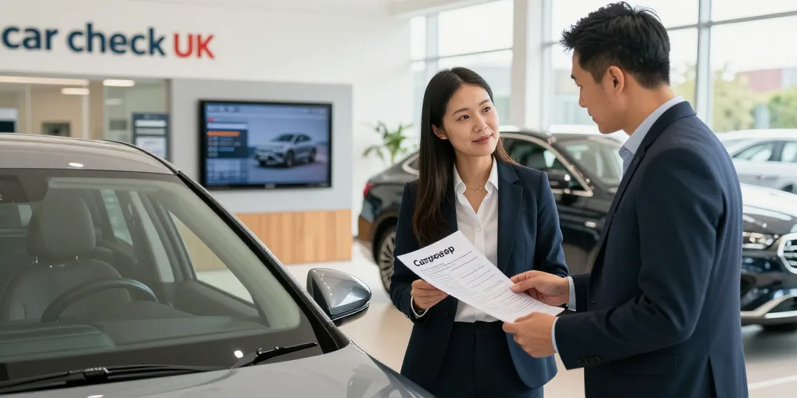 Comprehensive car check UK process at a dealership with buyer reviewing vehicle history report.