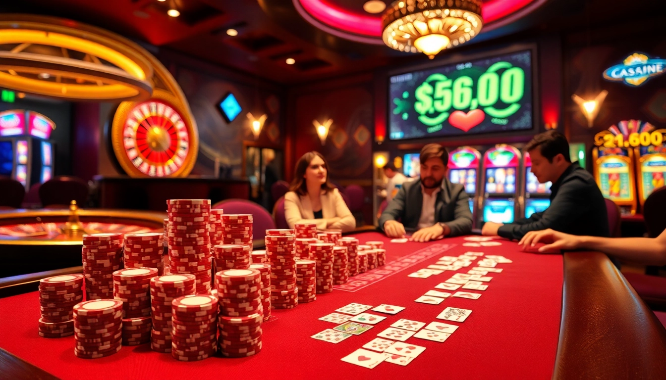 Players enjoying high-stakes games at pg88 casino, featuring poker tables and vibrant slot machines.