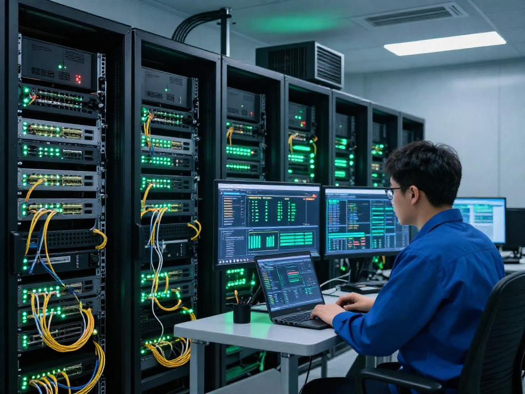 rokok88 server infrastructure with technician monitoring high-tech equipment in advanced data center