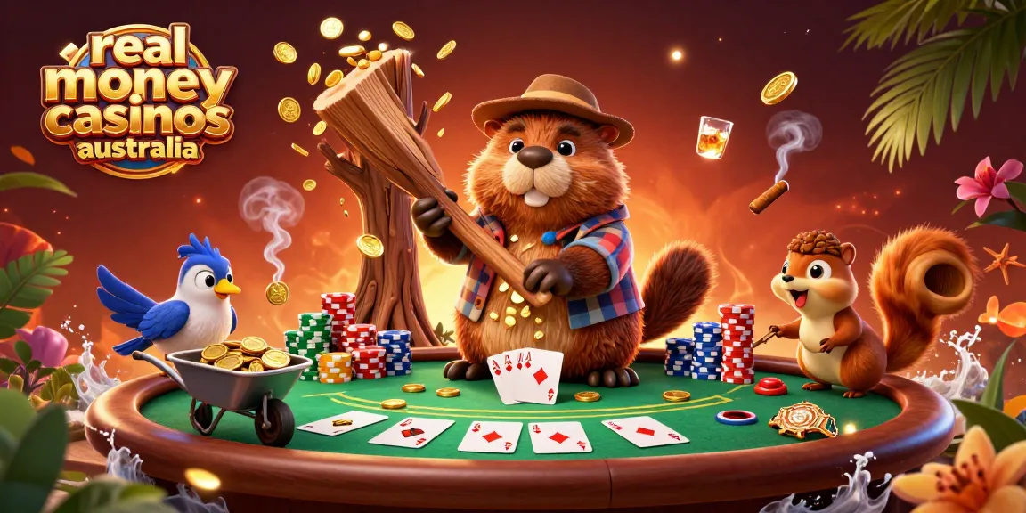 Experience the thrill of real money casinos Australia with an illustration of a cheerful beaver amidst poker elements.