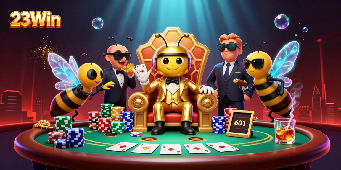 Engage with 23Win as a bee mob boss oversees a vibrant poker scene filled with action and tension.