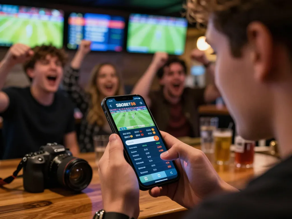 Antarmuka taruhan olahraga SboBet88 ditampilkan di smartphone dalam suasana bar yang ramai.