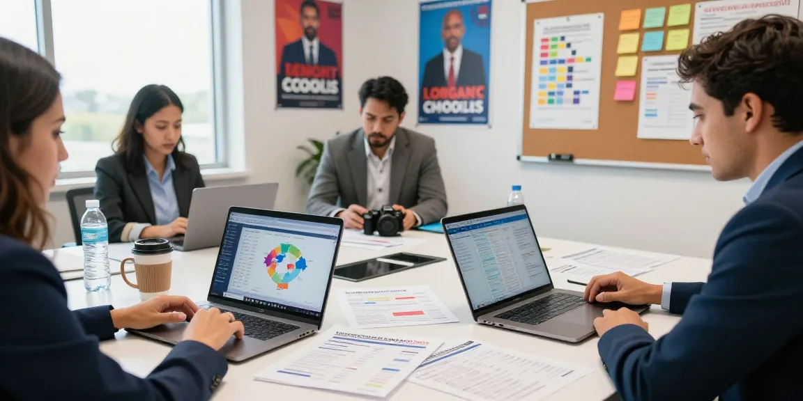 Campaign management pricing strategy session with team analyzing voter data in modern workspace.