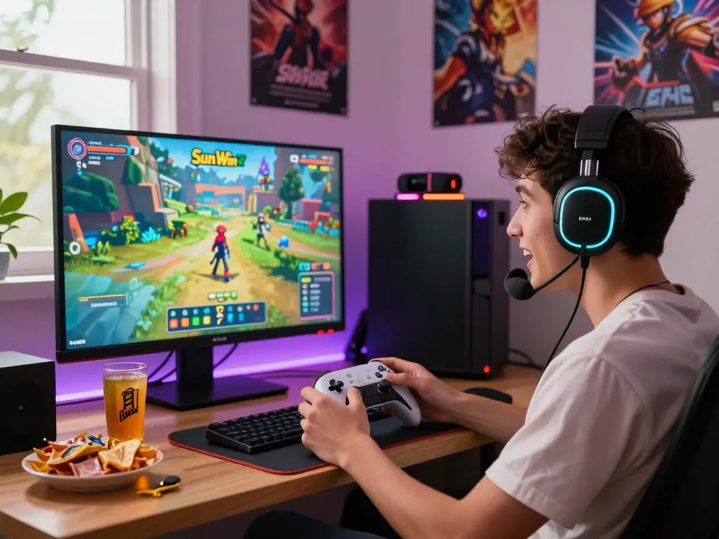 Player engaged in Sun Win gaming with colorful interface and accessories.