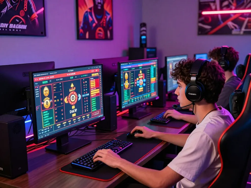 Engaged player enjoying lô đề in a modern gaming setup with vibrant screens and accessories.