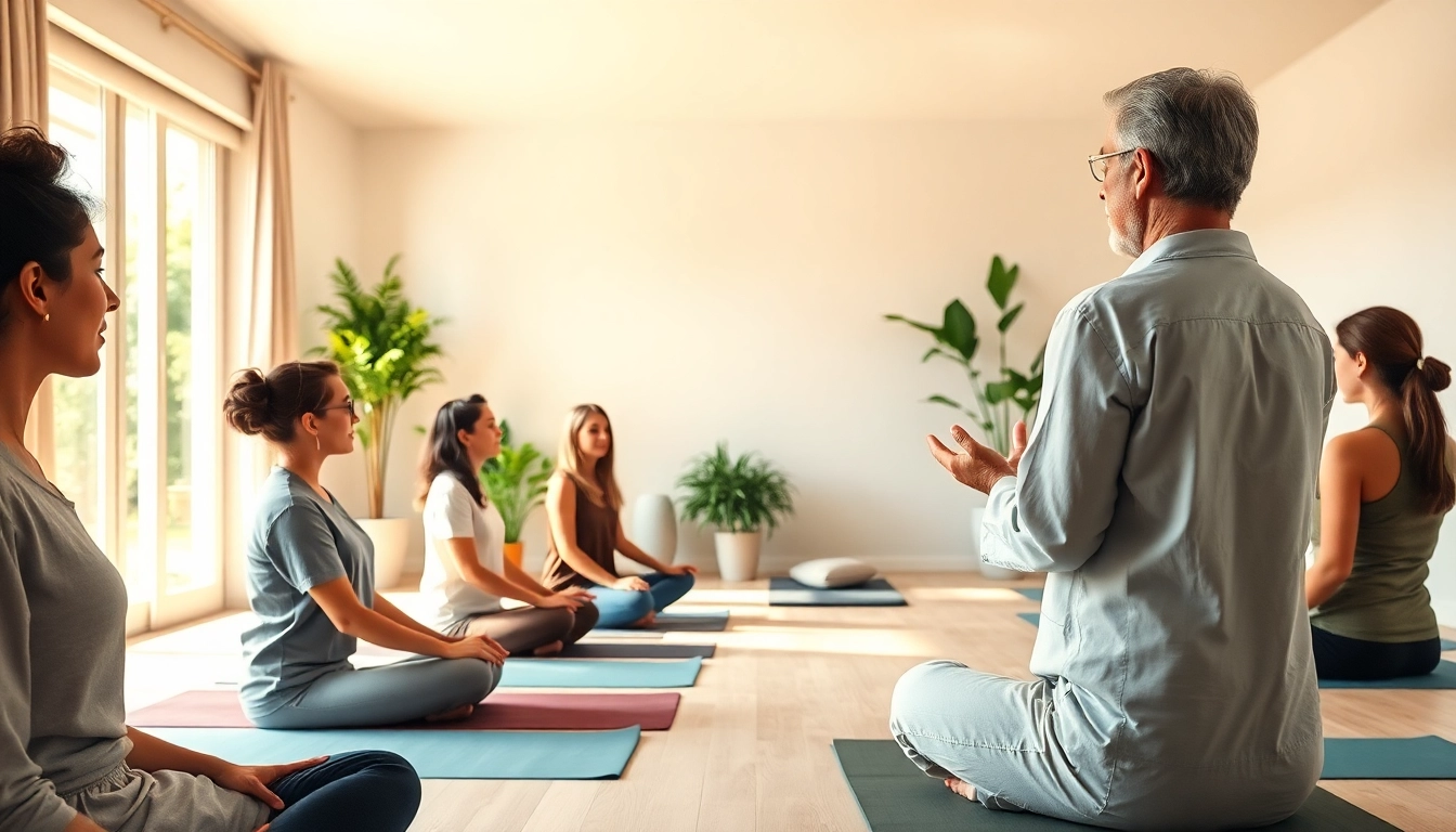 Enhancing mental wellness through guided meditation for a diverse group in a tranquil setting.