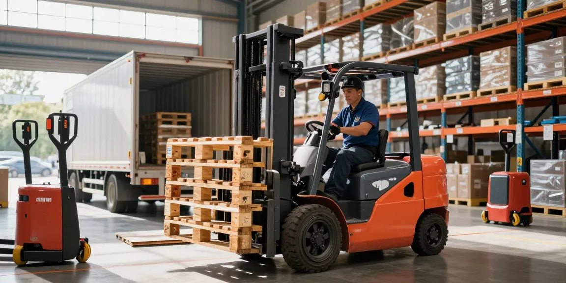 Operator using an Apollo forklift to lift pallets in a modern warehouse, showcasing efficient electric material handling.