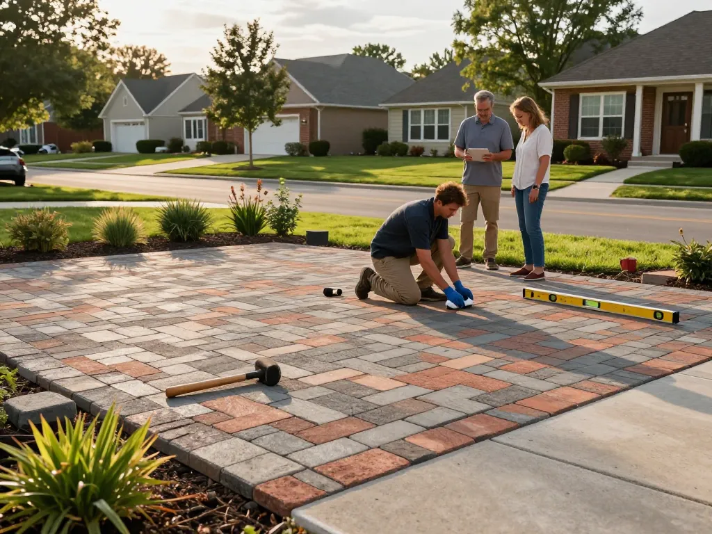Paver driveway near me being installed with intricate designs in a beautiful suburban setting.