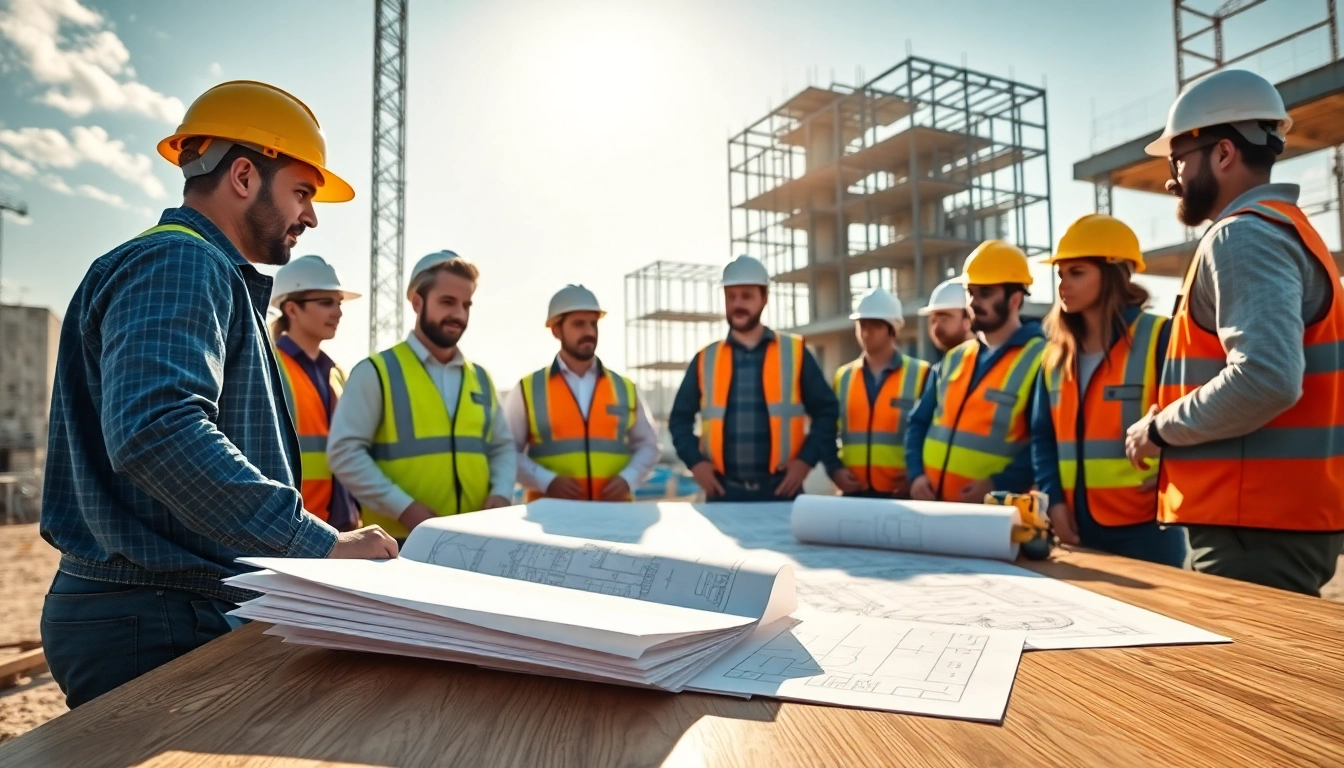 New Jersey General Contractor team working collaboratively at a construction site with blueprints.