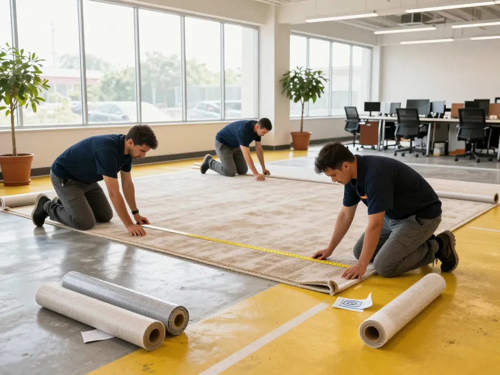 Team engaged in commercial carpet installation in a bright professional environment with tools and materials.